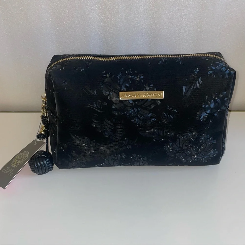 NWT Vince Camuto Black Floral Embossed Cosmetic Bag with Gold Hardware